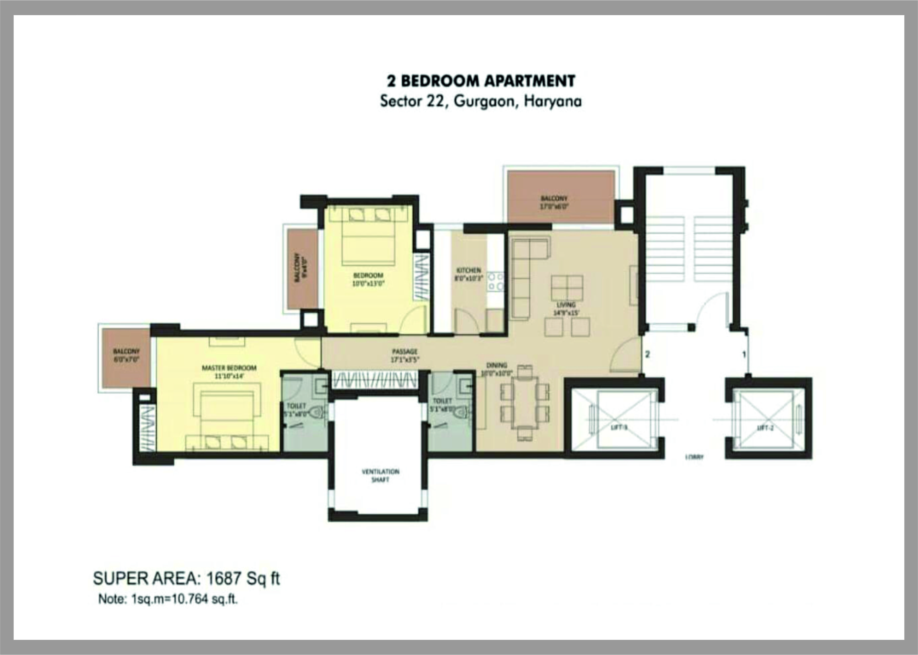 2bhk 1380 sq area of Ambience Creacions