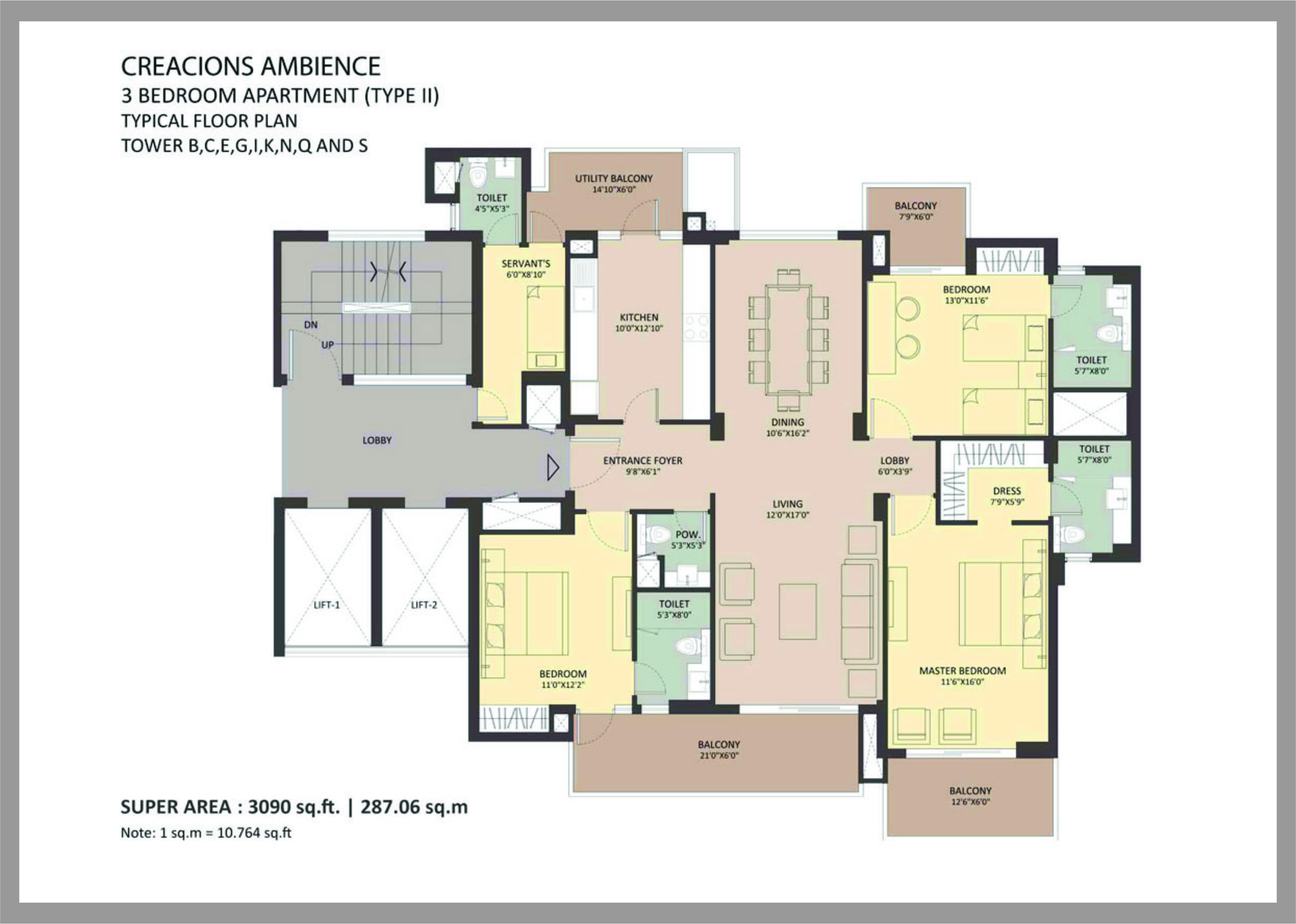 3bhk 3975 sq area of Ambience Creacions