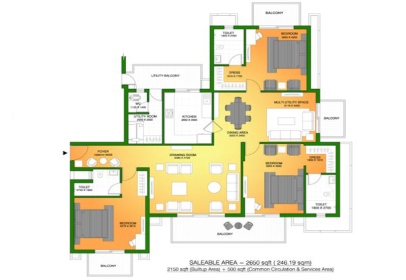 Ats Marigold Floor Plan - 3 BHK+SQ+Family