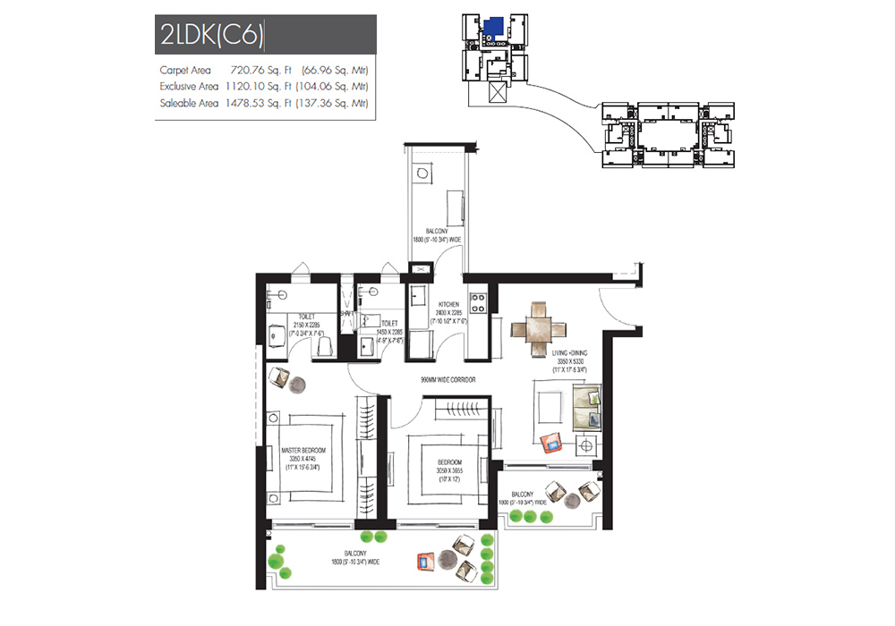 Krisumi Waterfall Residences Floor Plan 1- 2LDK+S(C2)

